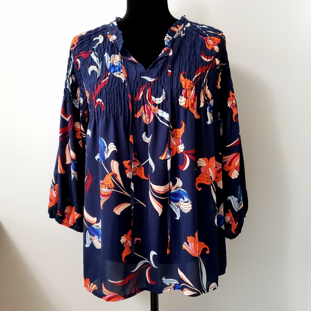 NWT navy & orange boho size Medium peasant floral blouse Spring Summer